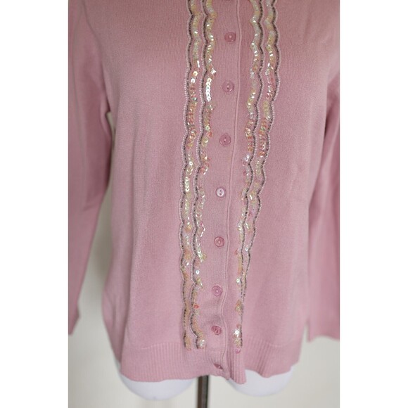 Vintage Y2K Pink Sequin Beaded Button Down Cardigan Coquette Preppy Pin Up M - Picture 8 of 13